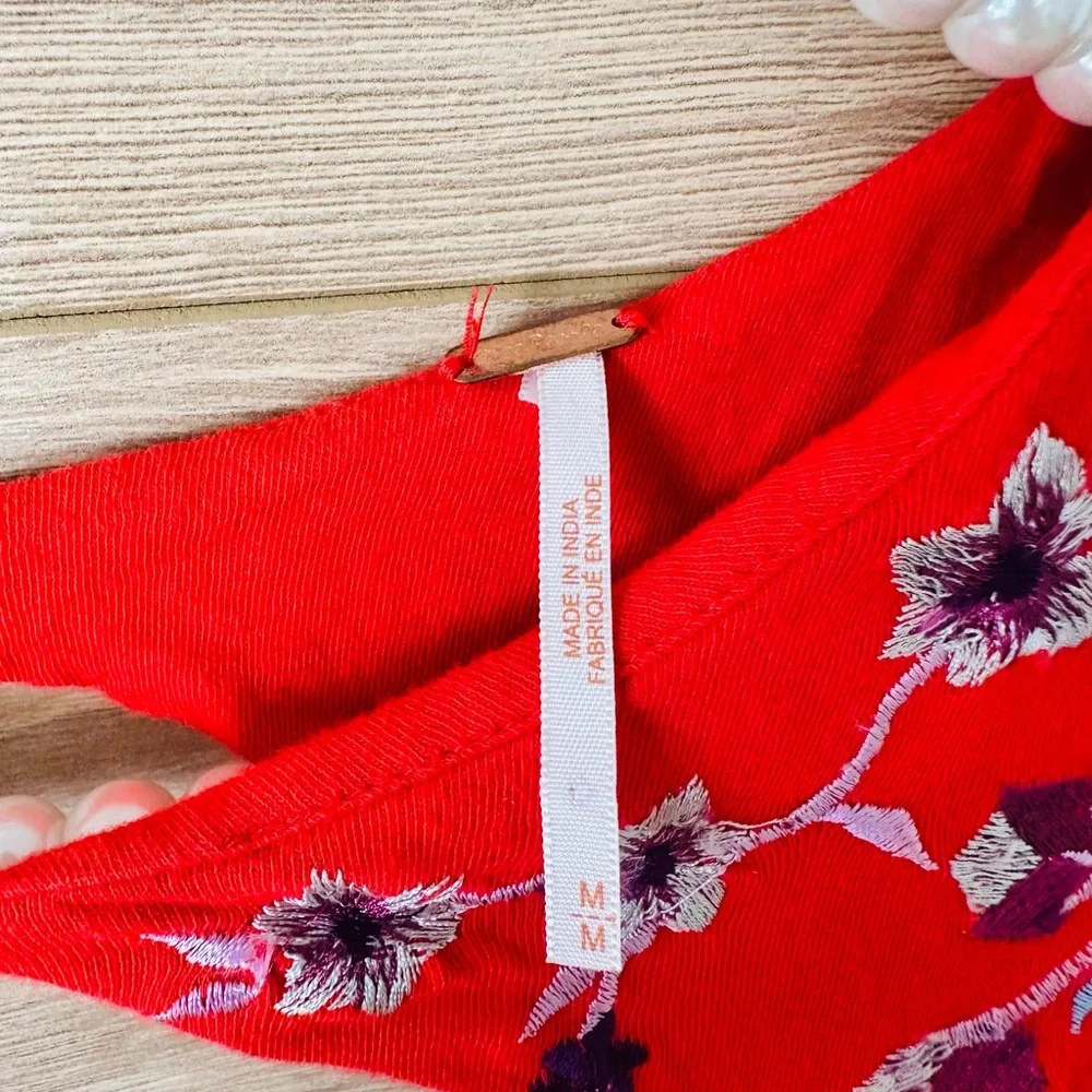 Free People Red Floral Embroidered Blouse